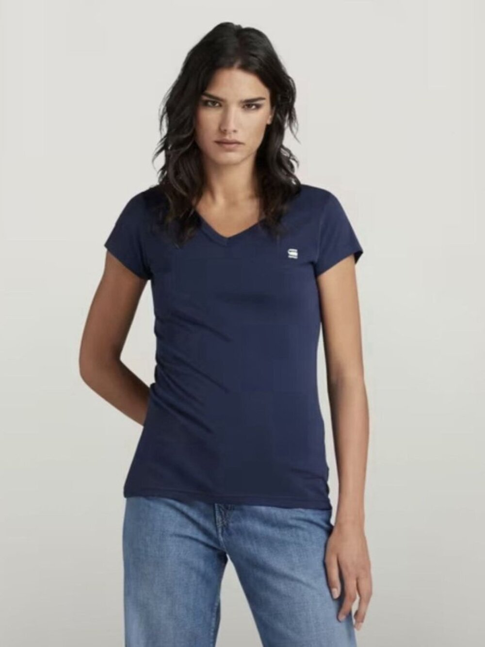 G-Star RAW Eyben Slim Fit V-Neck Women’s Blue Logo Tee Sz XS NWT